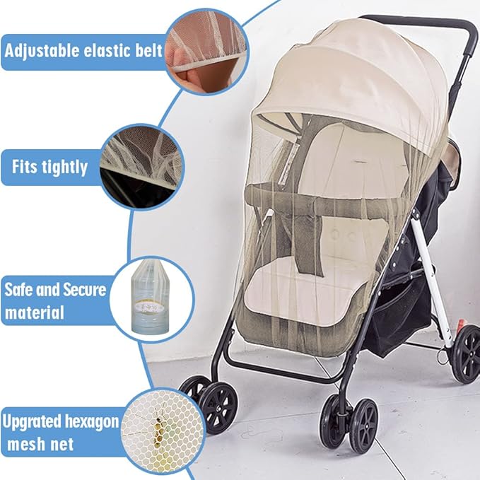 Mosquito Net for Stroller - Protective 2Pack Perfect Bug Net for Strollers, Bassinets, Cradles, Playards, Pack N Plays and Portable Mini Crib (Khaki)-BubblyBeeBaby