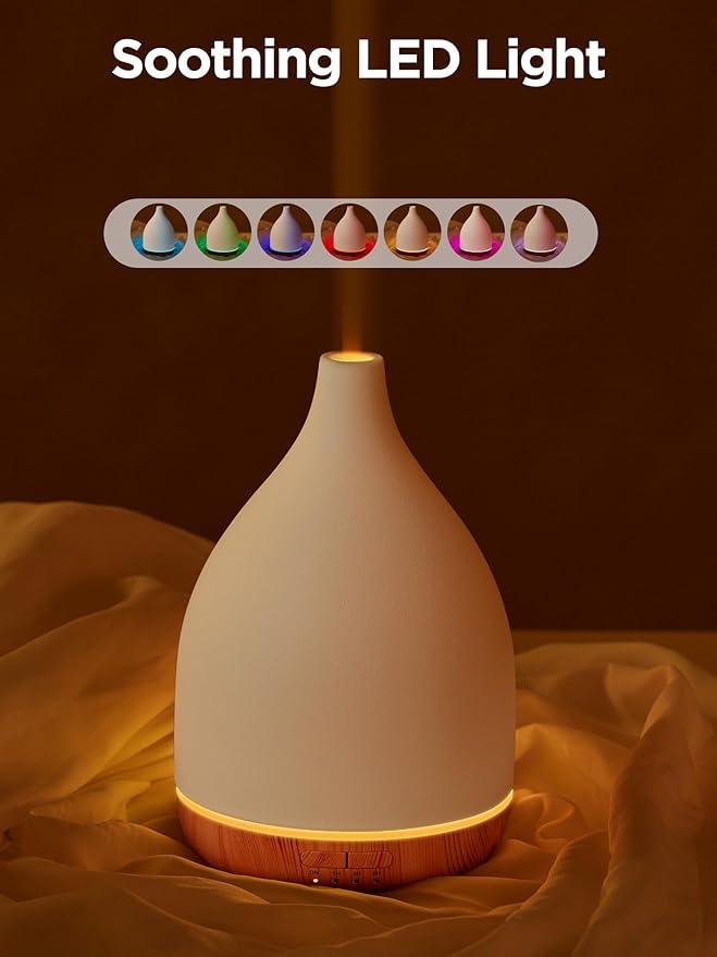 InnoGear Oil Diffuser, 300ML Ceramic Diffuser for Essential Oils Handcrafted Aromatherapy Diffuser Ultrasonic Cool Mist Humidifier with 4 Timers Waterless Auto Off for Room Office, White-BubblyBeeBaby