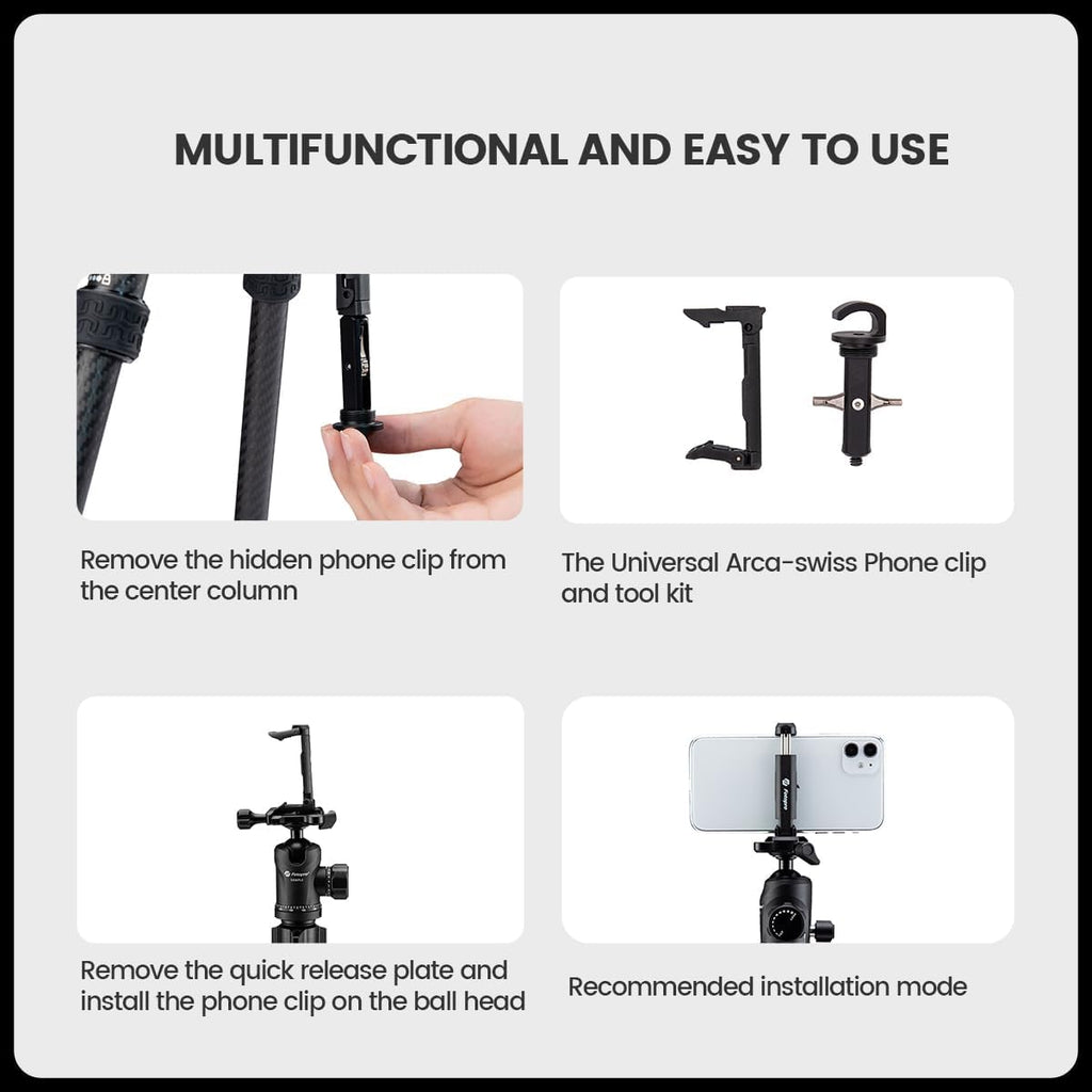 Fotopro Carbon Fiber Tripod 64 Inch 360 Degree Ball Head Quick Release Plate Camera Tripod Compatible with Canon Nikon Sony DSLR Camcorder, Black