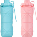 YCT Collapsible Silicone Travel Water Bottle 20oz (600ml), Reuseable Leakproof BPA Free Foldable Sports Bottle, with Carrying Strap, Blue + Pink
