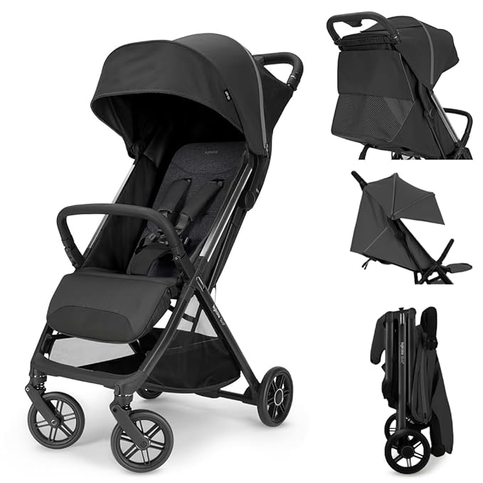 Inglesina Quid³ Stroller, Cosmic Black - Compact Reclining Travel Stroller for Baby & Toddler 0-55 lbs, One Hand fold, Car seat Compatible, Airplane Overhead, Lightweight, Foldable, XL UPF 50+ Canopy-BubblyBeeBaby