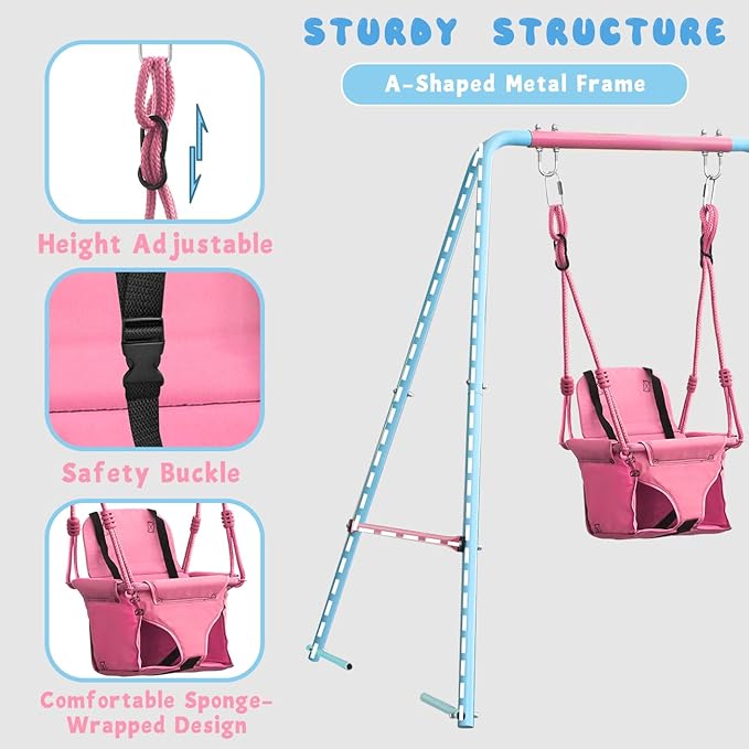 2-in-1 Toddler Swing Set with Metal Stand, Safety Belt & 4 Anchors - A-Frame Swing for Kids 6 Months+ (Pink, Indoor/Outdoor Backyard Playground)-BubblyBeeBaby