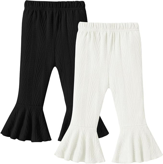 2 Pack Toddler Baby Girl Pants Flare Leggings Ribbed Knit Newborn Bell Bottoms Solid Ruffle Infant Pants for Girls-BubblyBeeBaby