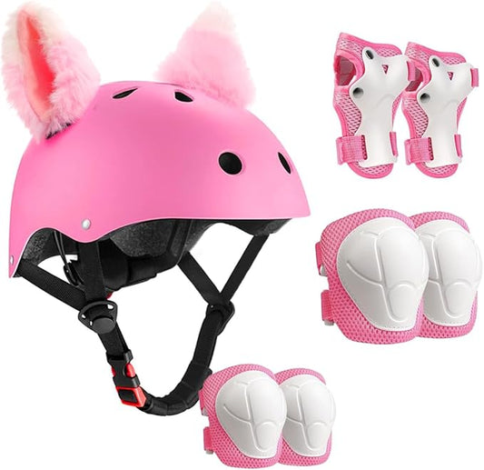 Kids Bike Helmet with Knee Elbow Wrist Pads Guards,Pink,for Ages 2-3-5-8-14,Sports Bicycle,Skate Scooter,Rollerblading with Unicorn Sticker-BubblyBeeBaby