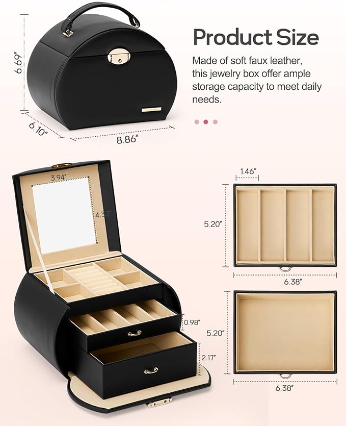 Homde Girls Jewelry Box Jewelry Storage Case Organizer with Mirror for Rings, Earrings, Bracelets, Necklaces (Black + Gold)-BubblyBeeBaby