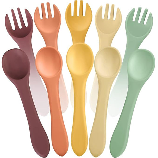 10 Pieces Baby Led Weaning Spoons and Forks Set Infant Silicone Spoon First Self Feed Baby training Utensils for Toddler First Stage Feeding Supplies for Kids Over 6 Months, 5 Pairs (Classic Colors)-BubblyBeeBaby
