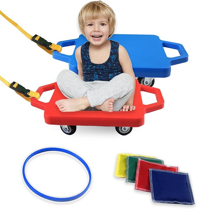 2 Plastic Scooter Boards with Handles for Kids Sitting and Sports Training, with 1 Ring, 2 Ropes and 4 Beanbags, Indoor and Outdoor Play-BubblyBeeBaby