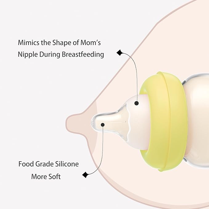 YOHKOH Natural Glass Baby Bottle with Natural Response Nipple, Newborn Anti-Colic Baby Bottles, Wide Neck Mushroom Cap Baby Bottle, Clear (Yellow, 3.4oz (Pack of 2))-BubblyBeeBaby