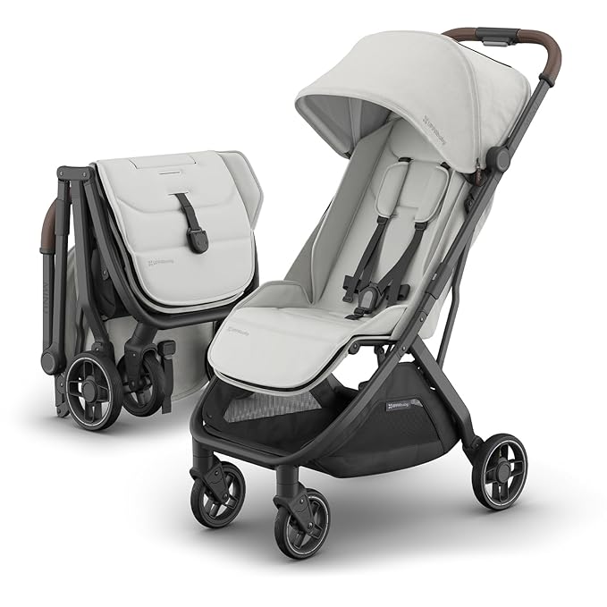 UPPAbaby Minu V3 Travel Stroller | Lightweight + Compact Design | One-Hand Fold + Unfold | from Birth + Overhead Compatible | Savannah (Pearl Gray Mélange/Carbon Frame/Chestnut Leather)-BubblyBeeBaby