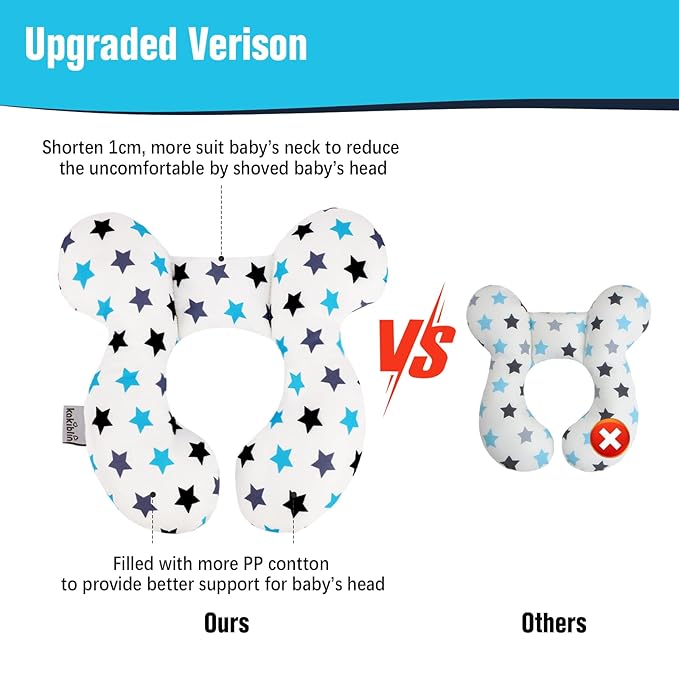 KAKIBLIN Baby Neck Pillow, Upgraded Baby Support Pillow, Head Pillows for Carseat, Newborn Neck Support for Car Seat,Pushchair,Travel (White Star)-BubblyBeeBaby