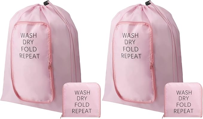 2 Pcs Travel Laundry Bag Washable Dirty Clothes Bag with Drawstring and Zipper for Suitcase, 22 x 18 Inch (Pink,Classic)-BubblyBeeBaby