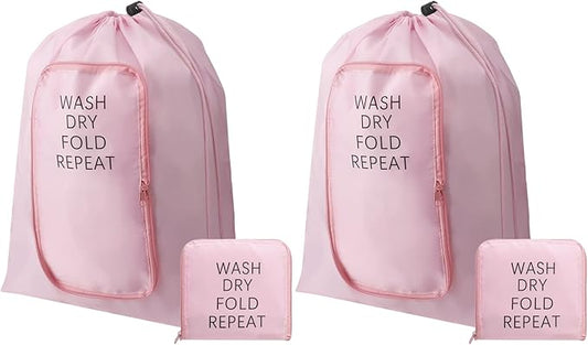 2 Pcs Travel Laundry Bag Washable Dirty Clothes Bag with Drawstring and Zipper for Suitcase, 22 x 18 Inch (Pink,Classic)-BubblyBeeBaby