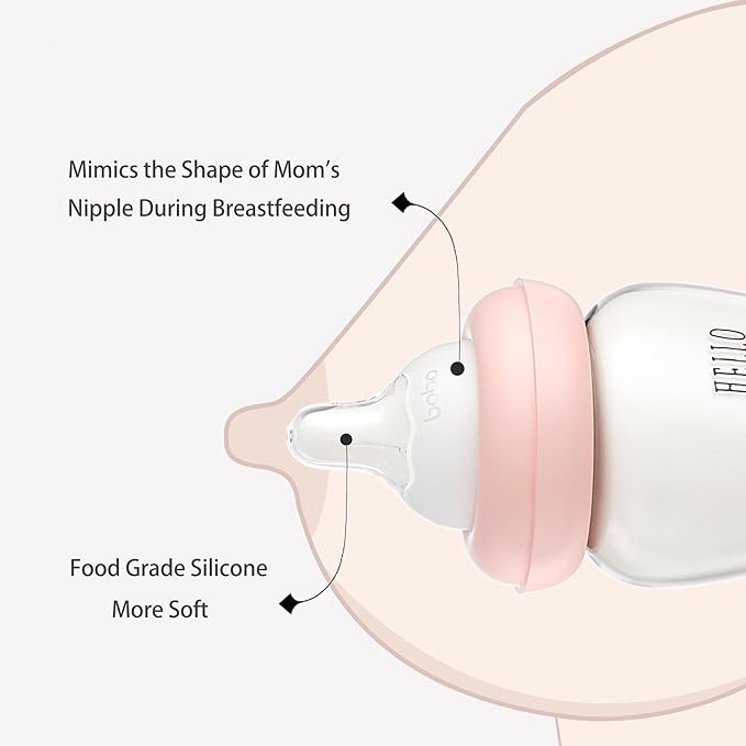 YOHKOH Natural Glass Baby Bottle with Natural Response Nipple, Newborn Anti-Colic Baby Bottles, Wide Neck Mushroom Cap Baby Bottle, Clear ((8.8oz (Pack of 4), Purple-A)-BubblyBeeBaby