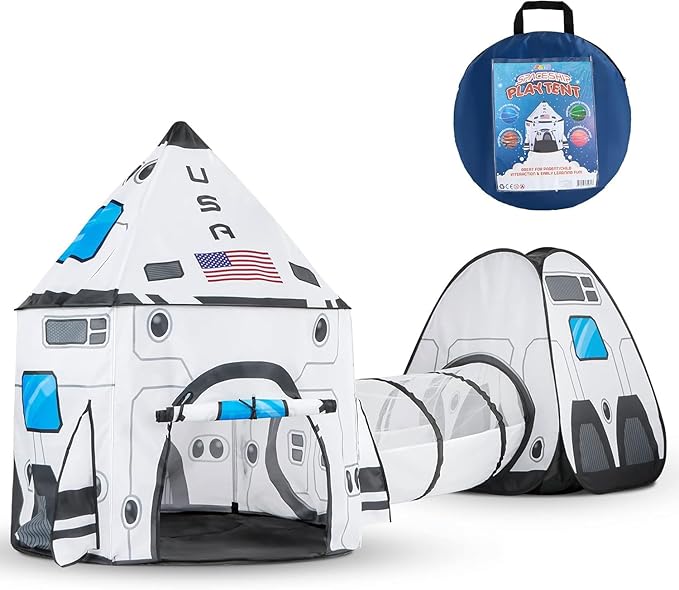 JOYIN White Rocket Ship Pop up Play Tent with Tunnel and Playhouse Kids Indoor Outdoor Spaceship Tent Set-BubblyBeeBaby