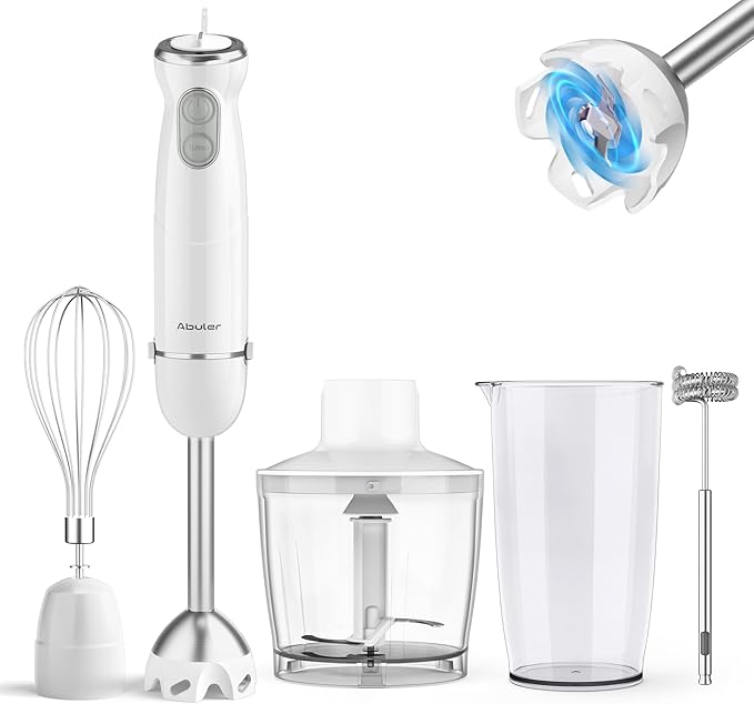 Immersion Blender Handheld 5 in 1 Hand Blender, 1000W Hand Mixer Stick, BPA-Free 12 Speed Handheld Blender with Mixing Beaker, Chopper, Whisk and Milk Frother for Soup, Sauce, Baby Food (White)-BubblyBeeBaby