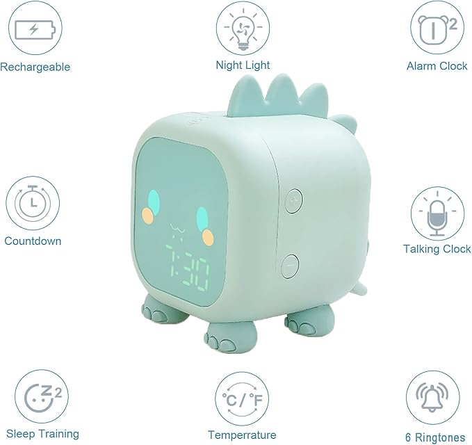 Kids Alarm Clock Girls Green Dinosaur Alarm Clocks with Night Light Bluetooth Digital Alarm Clock for Kids Girls Children-BubblyBeeBaby