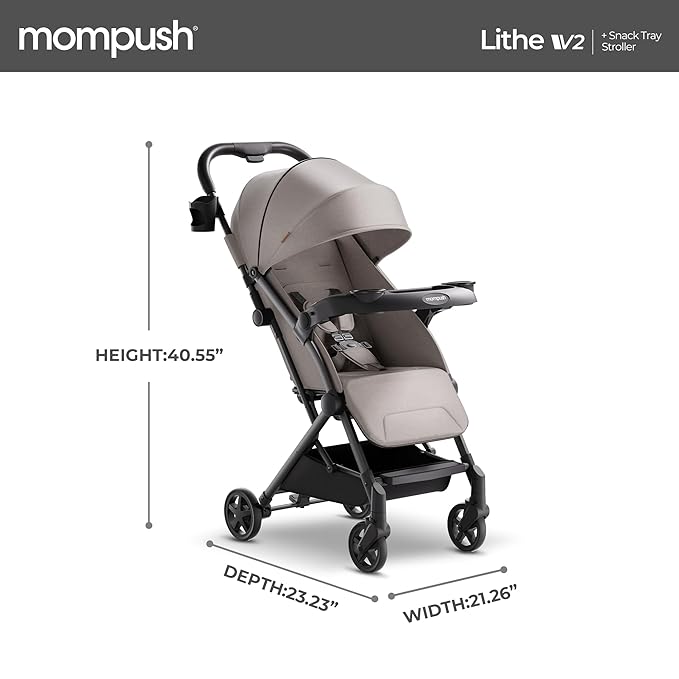 Mompush Lithe V2 Lightweight Travel Stroller, Compact Foldable Baby Stroller with Travel Bag, One-Hand Fold Stroller, Snack Tray, Mechanical Recline Seat, Airplane-Ready, UPF 50+ Canopy & Rain Cover-BubblyBeeBaby