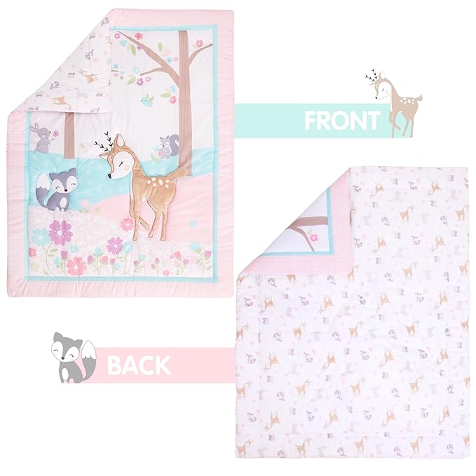 UOMNY Crib Bedding Set for Girls 3 Piece Woodland Baby Girl Crib Bedding Set Include Fitted Crib Sheet Comforter Crib Skirt-BubblyBeeBaby