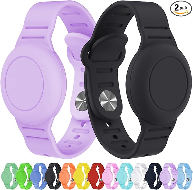 2 Pack Waterproof Bracelet for AirTag Kids, Hidden Silicone Wristband for AirTag, GPS Tracker Case for Air Tag Holder Strap for Child Toddler, Secure Anti-Loss Protection(Purple Black)-BubblyBeeBaby