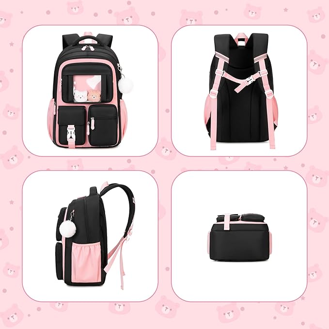 Kids Backpack for Girls School Bags for Middle School Students Book Bag for Elementary Primary Kawaii Ita Backpack, Black and Pink-BubblyBeeBaby
