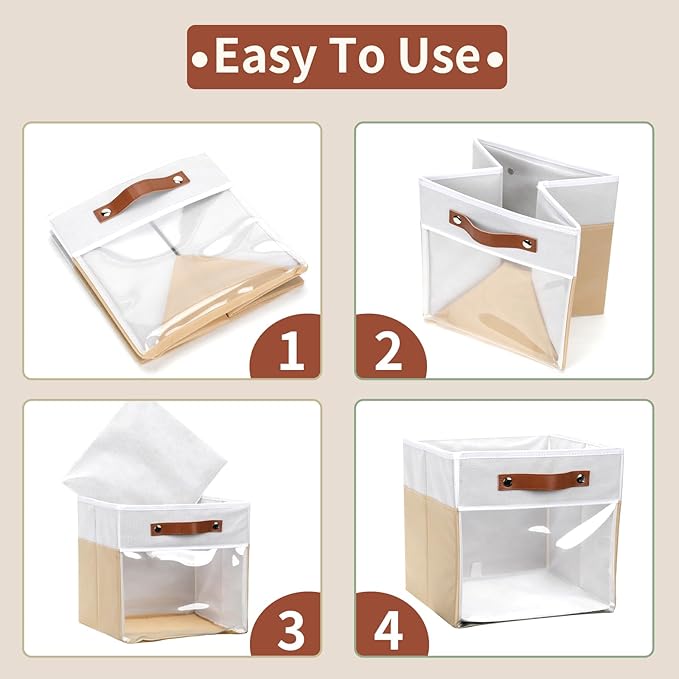 HNZIGE 11 Inch Foldable Fabric Storage Cubes - Clear Bins for Shelves, Canvas Cube Organizer Bins (White Beige 6 PCS)-BubblyBeeBaby