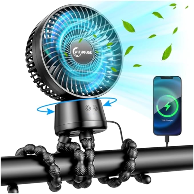 20000mAh Portable Stroller Fan with Auto Oscillating, Extended Anti-Slip Detachable Flexible Tripod, Power Bank & LED Light, 3-Speed Quiet Long Time Cooling Clip On Fans for Baby Crib Car Seat Travel-BubblyBeeBaby