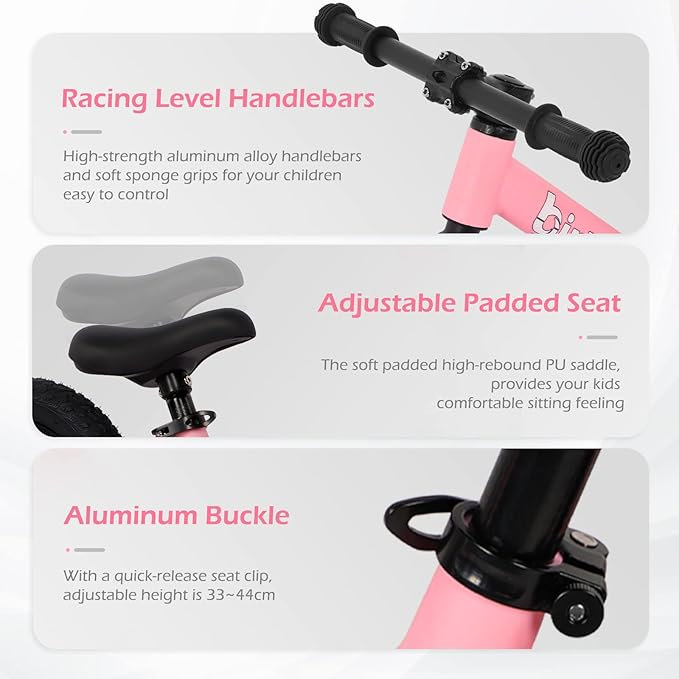 12" Balance Bike for 2, 3, 4, 5 Year Old Boys and Girls, Lightweight Nylon Frame Toddler Training Bike No Pedal Bikes for Kids with Adjustable Seat and Air Tires-BubblyBeeBaby