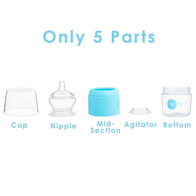 PopYum 5 oz Blue Anti-Colic Formula Making/Mixing/Dispenser Baby Bottles, 2-Pack with #1 Slow Flow Nipples, 150 ml, BPA-Free, Natural Latch-BubblyBeeBaby
