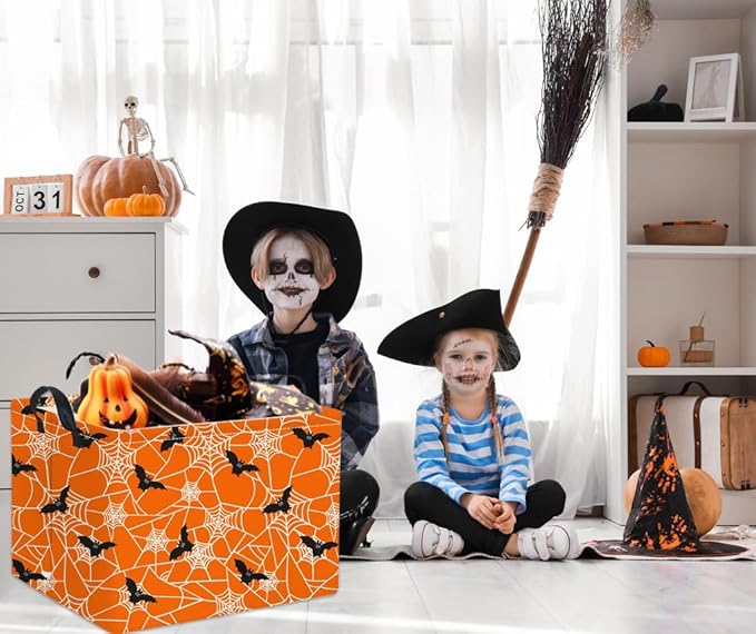 HIYAGON Rectangular Halloween Basket for Boys and Girls Kids Trick or Treat Pumpkin Basket for Halloween Parties Cute Storage Bin Organizer Box Room Decor(Bat spider web)-BubblyBeeBaby