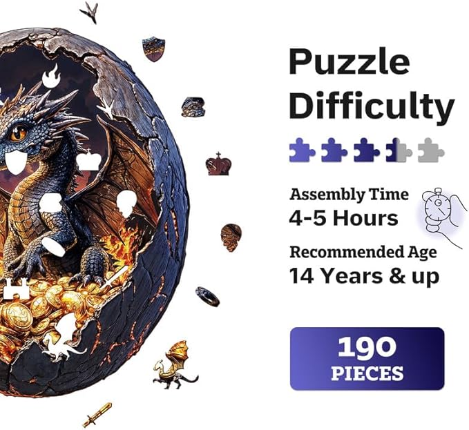 Jigfoxy Wooden Puzzle for Adults, Hatchling Dragon Wooden Jigsaw Puzzles for Adults, Unique Animal Shape Wood Cut Puzzles for Family Friend Puzzle Lovers(M-11.4 * 9.5in-190pcs)-BubblyBeeBaby