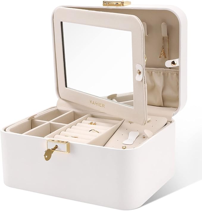 KAMIER Travel Jewelry Box, 2 Layers PU Leather Portable Jewelry Organizer, Large Capacity, Double Lock and Large Mirror, Hidden Necklace Hooks, Removable Dividers, Gift Box Packaging, White-BubblyBeeBaby