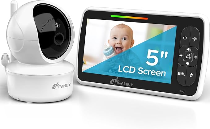 iFamily Baby Monitor - Large 5" Screen with 30Hrs Battery Life - Remote Pan-Tilt-Zoom;No WiFi, Two-Way Audio, Night Vision, Temperature, Lullabies, 960ft Long Range Baby Monitor with Camera and Audio-BubblyBeeBaby