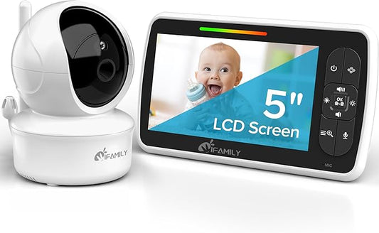 iFamily Baby Monitor - Large 5" Screen with 30Hrs Battery Life - Remote Pan-Tilt-Zoom;No WiFi, Two-Way Audio, Night Vision, Temperature, Lullabies, 960ft Long Range Baby Monitor with Camera and Audio-BubblyBeeBaby