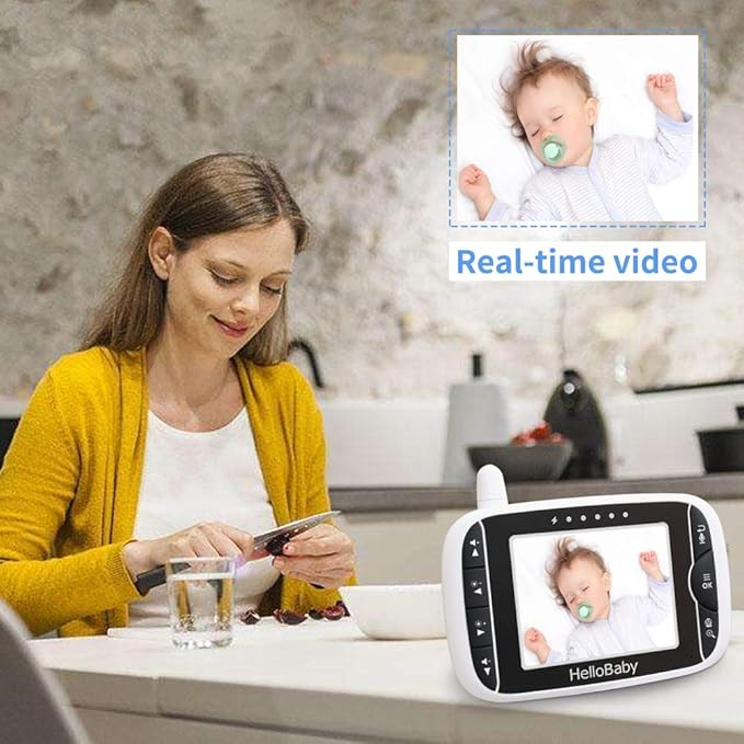 HelloBaby Video Baby Monitor with Remote Camera Pan-Tilt-Zoom, 3.2'' Color LCD Screen, Infrared Night Vision, Temperature Display, Lullaby, Two Way Audio-BubblyBeeBaby