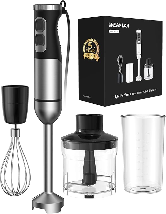 1000W Powerful Immersion Blender Handheld, 2025 New Update Hand Blender with 25-Speed and Heavy-Duty Copper Motor, 4 in 1 Hand Mixer with Chopper, Whisk, Beaker and Wand Silver-BubblyBeeBaby