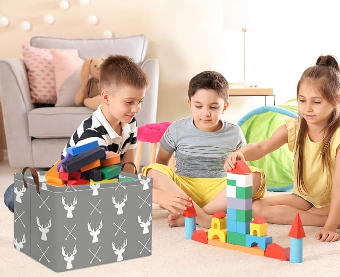 HIYAGON Baby Basket Cute Toy Bin for Boys and Girls Kids Storage Bin Organizer Box Gift Basket Empty Rectangular Deer Room Decor for Home(Grey deers)-BubblyBeeBaby