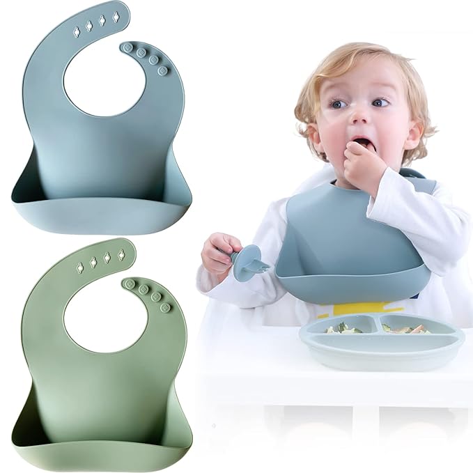 Moonkie Silicone Baby Bibs Set Of 2 | BPA Free Waterproof | Soft Flexible Adjustable Silicone Bibs for Babies & Toddlers(Ether/Sage)-BubblyBeeBaby