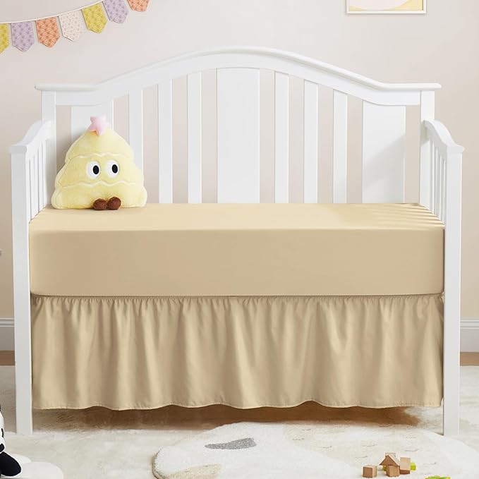 Horbaunal 2 Pack Set Crib Skirt & Crib Bed Sheet, Khaki Crib Bed Skirt 28" x 52" with 14" Drop Dust Ruffle, Soft Microfiber Toddler Bedskirt Nursery Bedding Skirt for Baby Girls and Boys-BubblyBeeBaby