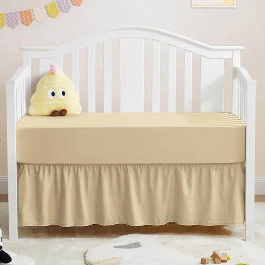 Horbaunal 2 Pack Set Crib Skirt & Crib Bed Sheet, Khaki Crib Bed Skirt 28" x 52" with 14" Drop Dust Ruffle, Soft Microfiber Toddler Bedskirt Nursery Bedding Skirt for Baby Girls and Boys-BubblyBeeBaby