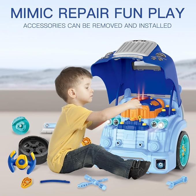 Interactive Truck Engine Toy with Removable Parts - Lights, Sounds, and Fun for Young Mechanics -Unleash Their Creativity and Motor Skills with This Truck Engine Toy (Bule)-BubblyBeeBaby