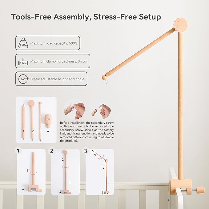 HI BABY MONMENT Crib Mobile Arm - Baby Mobile Hanger with 360° Vertical Adjustment, Stabilizing Attachment for Added Safety, Mobile Arm for Crib, Sturdy & Secure Design for Nursery Mobile-BubblyBeeBaby