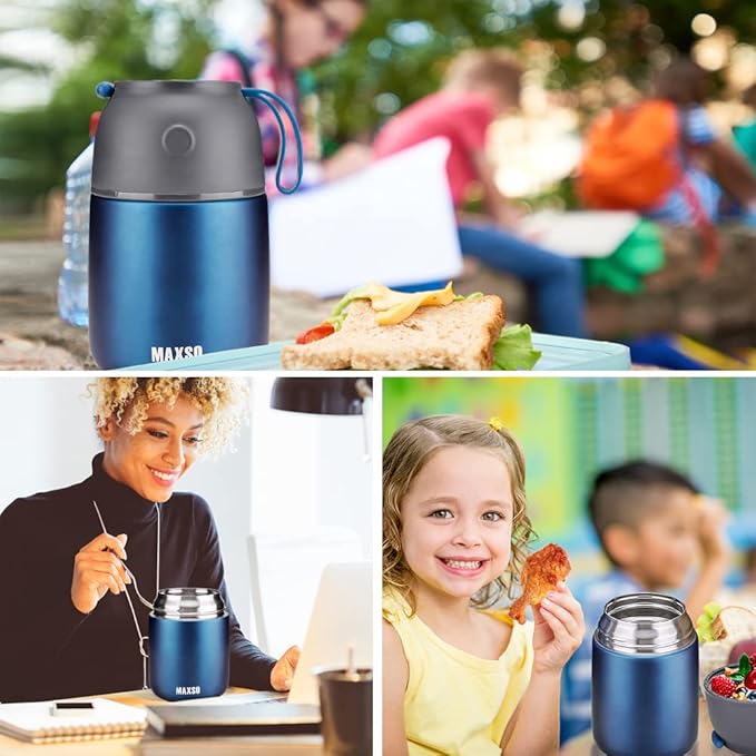 Insulated Thermo Food Jar for Hot & Cold Food for Kids Adult, 17&24 oz Soup Thermal Hot Food Containers for Lunch, Triple Layer Insulation Stainless Steel Food Jar with Spoon (2 Pack Blue)-BubblyBeeBaby