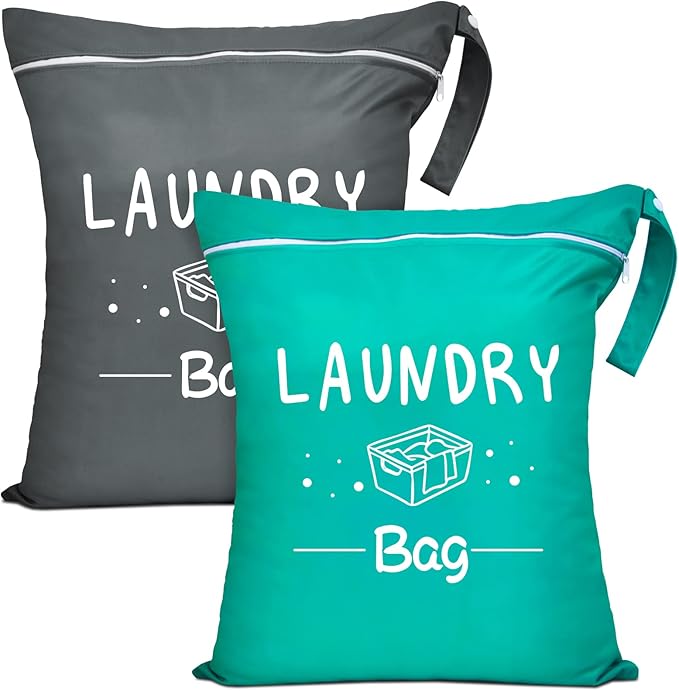2 Pcs Large Travel Laundry Bags - Waterproof Wet/Dry, Washable, Drawstring, Bathing Suit, Workout, Gym Clothes, Swimming, Yoga - Green, Grey-BubblyBeeBaby