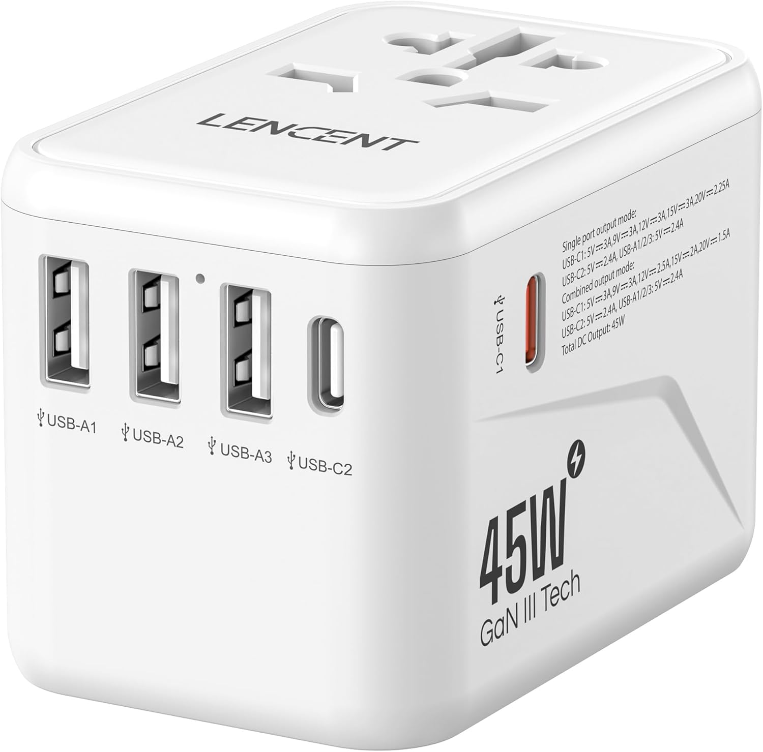 LENCENT Universal Travel Adapter, GaN III 45W International Charger with 3 USB Ports & 2 USB-C PD Fast Charging Adaptor, Worldwide Wall Charger for iPhone,Laptops, USA/UK/EU/AUS (White-45W)