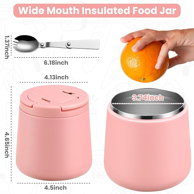 20oz Insulated Vacuum Food Jar with Buckle Lid,Soup Thermo for Hot Food Kids,Wide Mouth Leakproof Stainless Steel Lunch Container with Spoon-Pink-BubblyBeeBaby