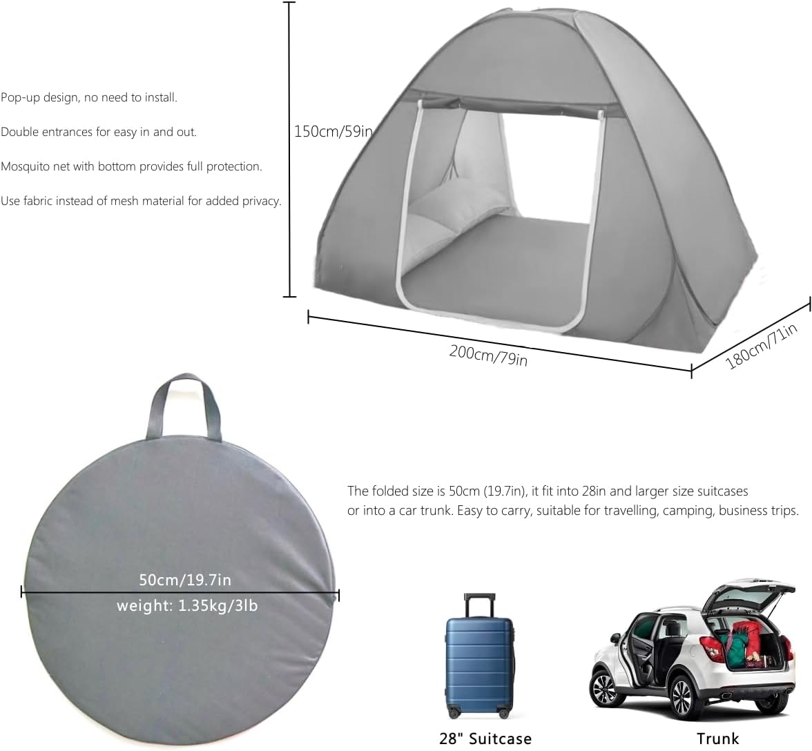 Mosquito Net for Bed, Folded Size 12 inch Portable Camping Travel Mosquito Net, Pop Up Mosquito Tent with Double Entry for King Queen Size Bed (Folded 20 Inch Grey, 71"x79"x59")