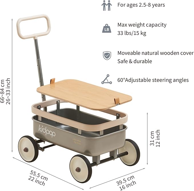 kidpop PULA-Wild 3-in-1 Kids' Pull-Along Wagon Toddlers Push Walker for 2.5-8, Removable Wooden Cover and Adjustable Handlebar, Birthday Gifts Max Weight 33 lbs (Grey)-BubblyBeeBaby