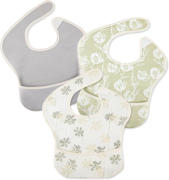 Mess Proof Baby Bib 3 Pack, Waterproof Led Weaning Baby Feeding Bibs with Food Catcher, Travel Feeding Bibs-BubblyBeeBaby