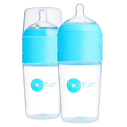PopYum 9 oz Blue Anti-Colic Formula Making/Mixing/Dispenser Baby Bottles, 2-Pack with #2 Medium Flow Nipples, 260 ml, BPA-Free, Natural Latch-BubblyBeeBaby