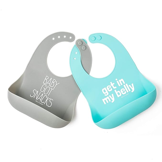 Bella Tunno Baby Bib for Eating, Set of 2 Waterproof Silicone Bibs with Large Food Catcher, Adjustable Fit for Babies 4-12 months & Toddlers 1-3 Years, Boys & Girls, Got Snacks & My Belly-BubblyBeeBaby